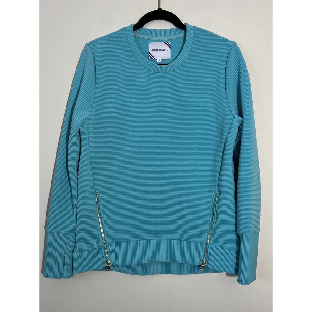 Addison Bay The Everyday Crewneck Ribbed Pullover Top Size S Teal Side Zip